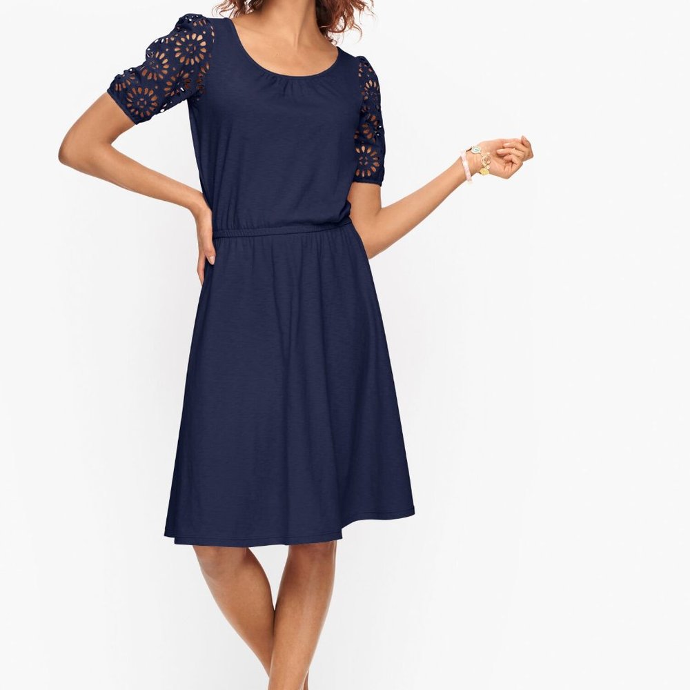 Talbots Slub Knit Eyelet Sleeved Navy Dress NWTs